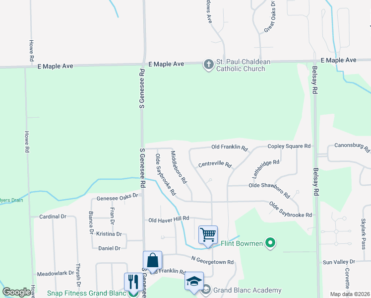 map of restaurants, bars, coffee shops, grocery stores, and more near 5463 Old Franklin Road in Grand Blanc Township