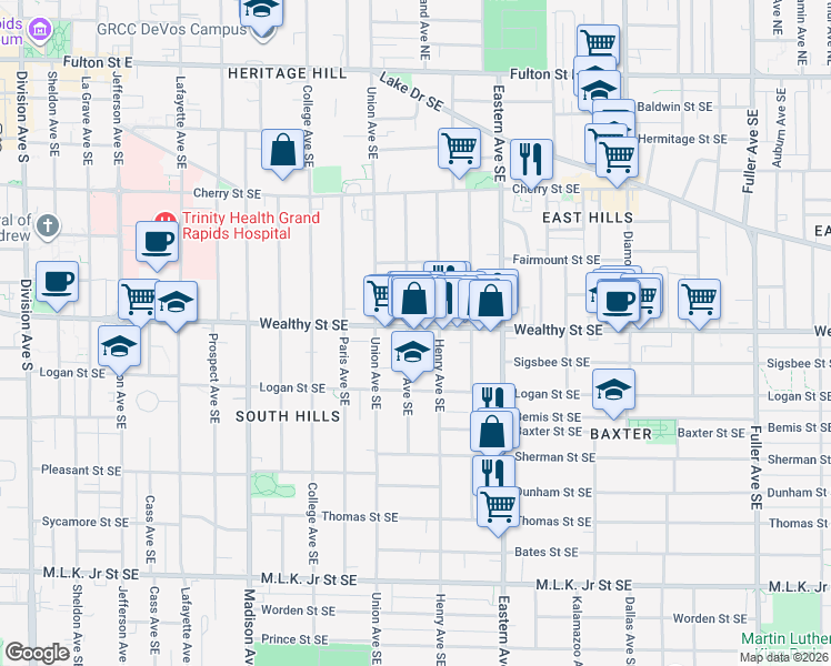 map of restaurants, bars, coffee shops, grocery stores, and more near 632 Wealthy Street Southeast in Grand Rapids