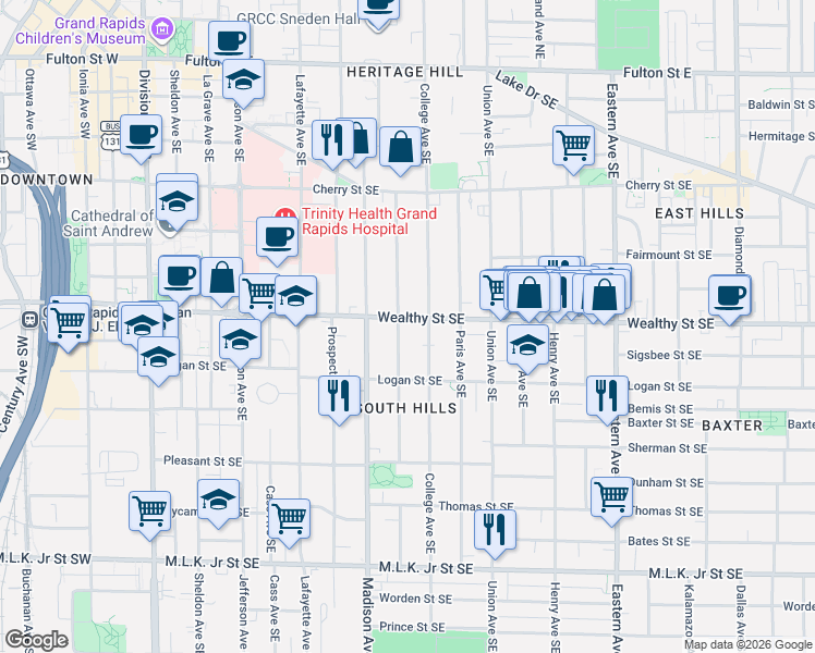 map of restaurants, bars, coffee shops, grocery stores, and more near 404 Morris Avenue Southeast in Grand Rapids