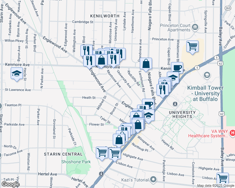 map of restaurants, bars, coffee shops, grocery stores, and more near 17 Evadene Street in Buffalo