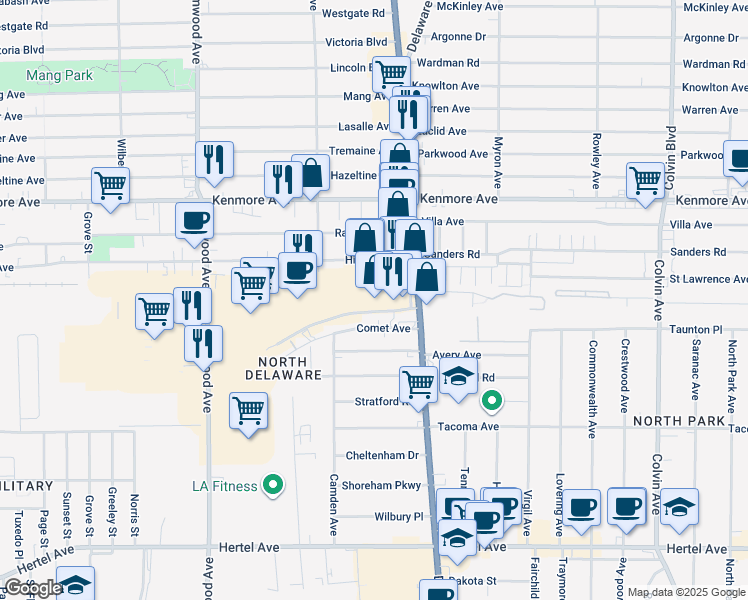 map of restaurants, bars, coffee shops, grocery stores, and more near 2642 Delaware Avenue in Buffalo