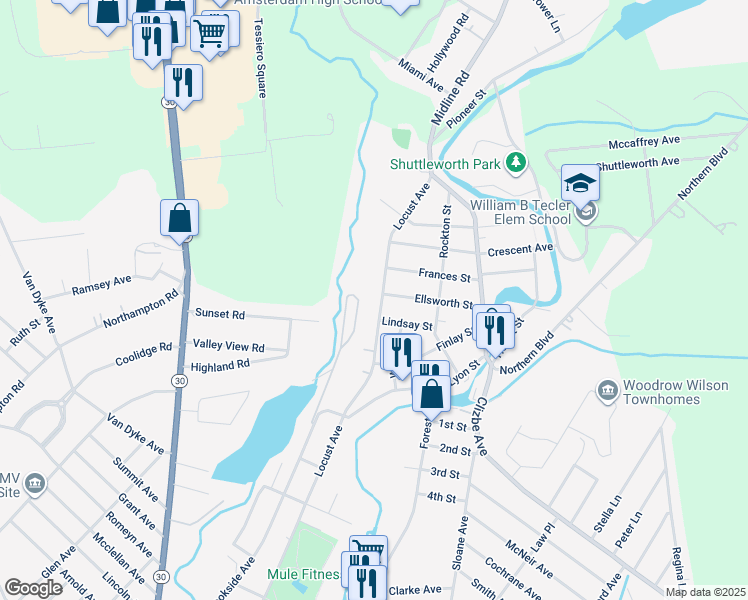 map of restaurants, bars, coffee shops, grocery stores, and more near 392 Locust Avenue in Amsterdam
