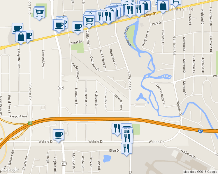 map of restaurants, bars, coffee shops, grocery stores, and more near 84A Wellington Court in Buffalo