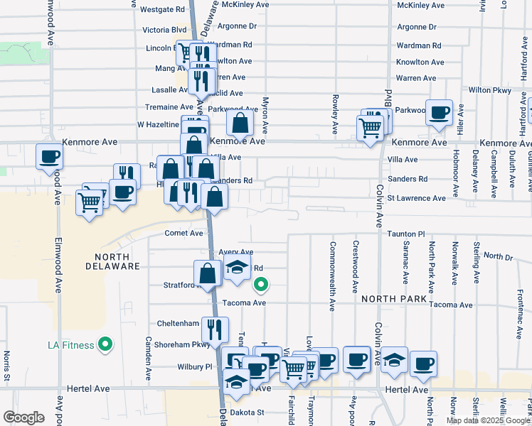 map of restaurants, bars, coffee shops, grocery stores, and more near 98-118 Delsan Court in Buffalo