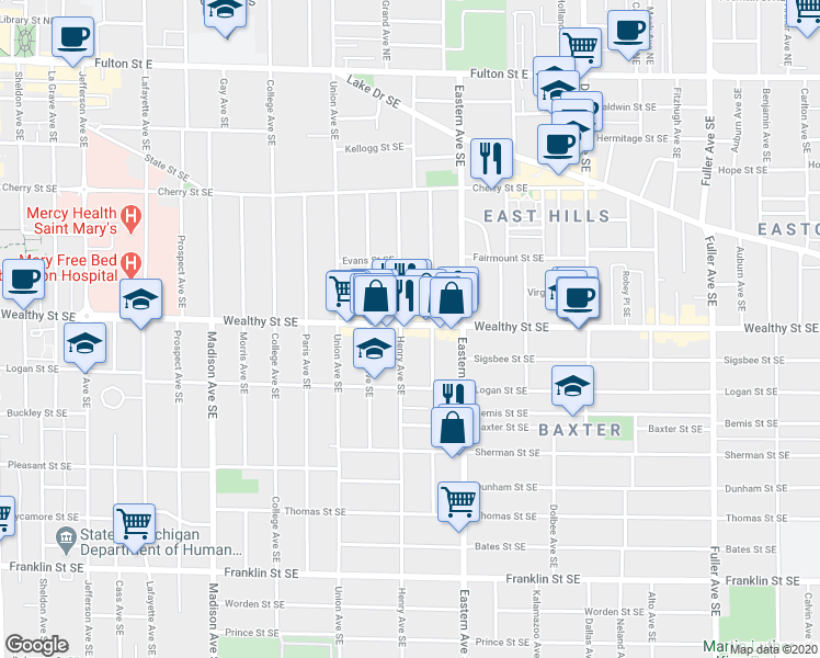map of restaurants, bars, coffee shops, grocery stores, and more near 700 Wealthy Street Southeast in Grand Rapids