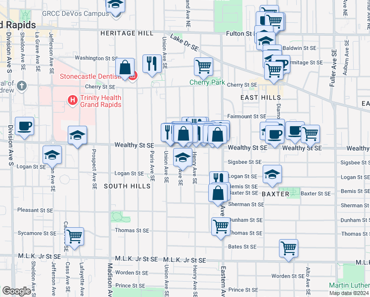 map of restaurants, bars, coffee shops, grocery stores, and more near 632 Wealthy Street Southeast in Grand Rapids
