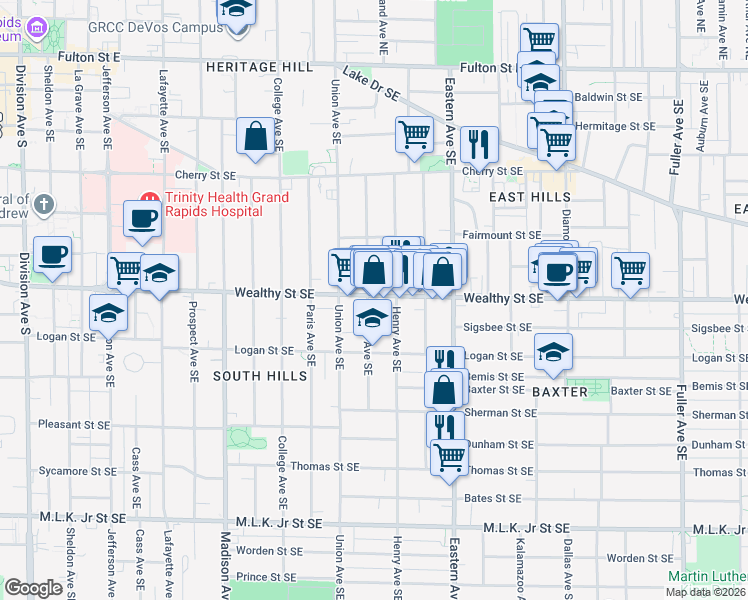 map of restaurants, bars, coffee shops, grocery stores, and more near 632 Wealthy Street Southeast in Grand Rapids
