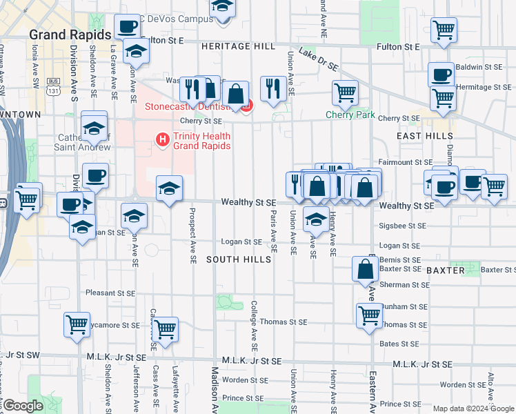 map of restaurants, bars, coffee shops, grocery stores, and more near 518 Wealthy Street Southeast in Grand Rapids