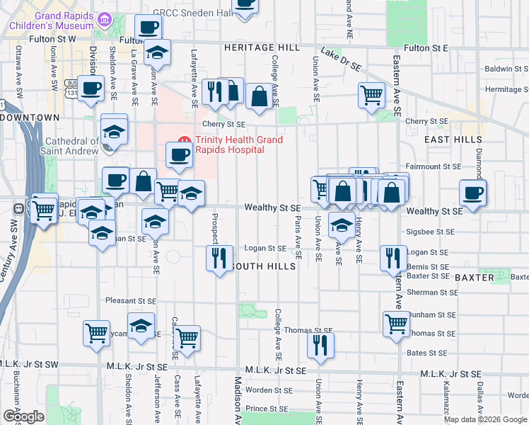 map of restaurants, bars, coffee shops, grocery stores, and more near 404 Morris Avenue Southeast in Grand Rapids