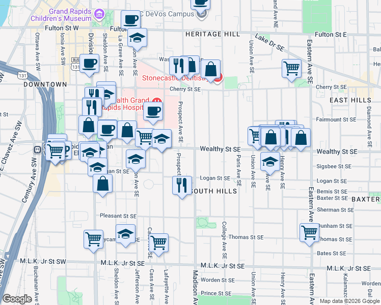 map of restaurants, bars, coffee shops, grocery stores, and more near in Grand Rapids