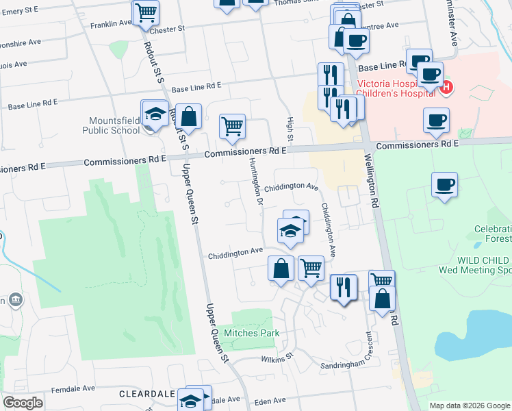 map of restaurants, bars, coffee shops, grocery stores, and more near 515 Huntingdon Drive in London