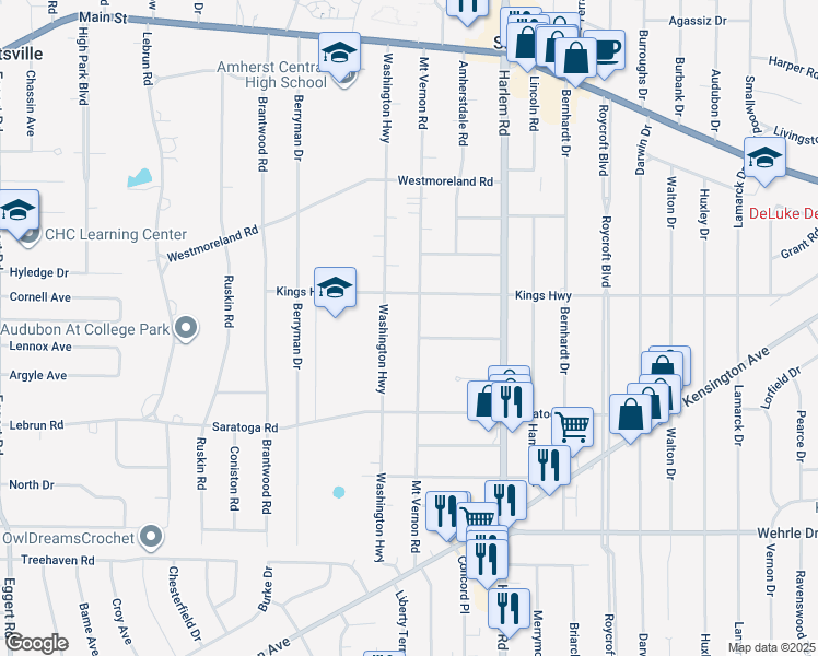 map of restaurants, bars, coffee shops, grocery stores, and more near 291 Mount Vernon Road in Buffalo
