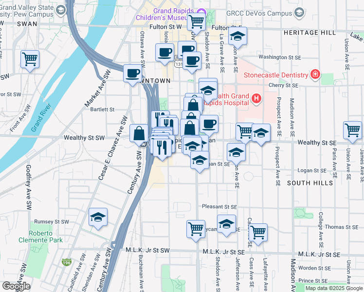 map of restaurants, bars, coffee shops, grocery stores, and more near 48 Wealthy Street Southwest in Grand Rapids