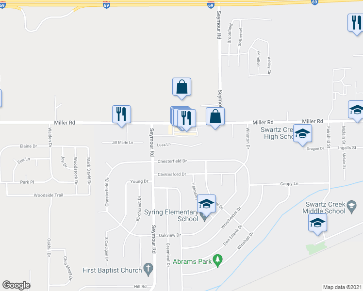 map of restaurants, bars, coffee shops, grocery stores, and more near 9080 Luea Lane in Swartz Creek