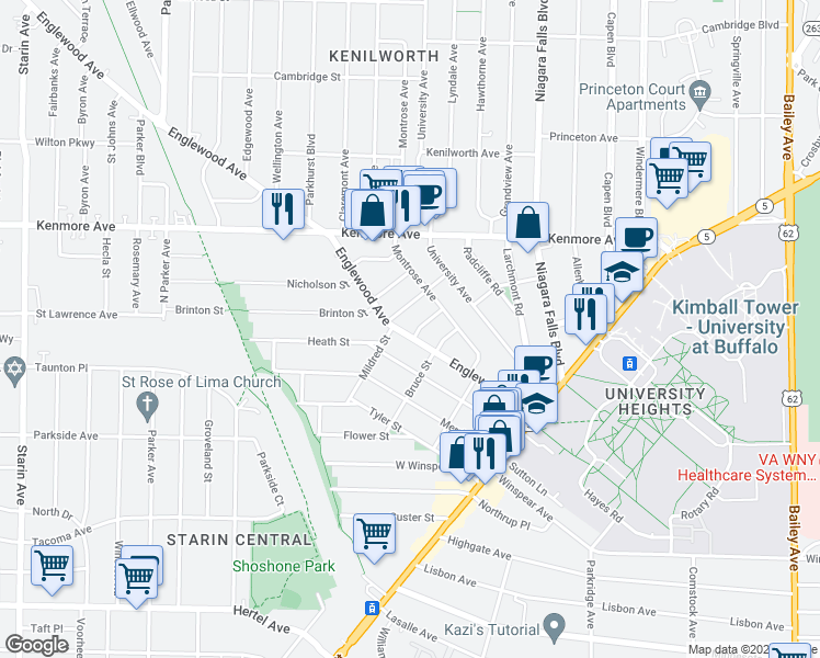 map of restaurants, bars, coffee shops, grocery stores, and more near 153 Englewood Avenue in Buffalo