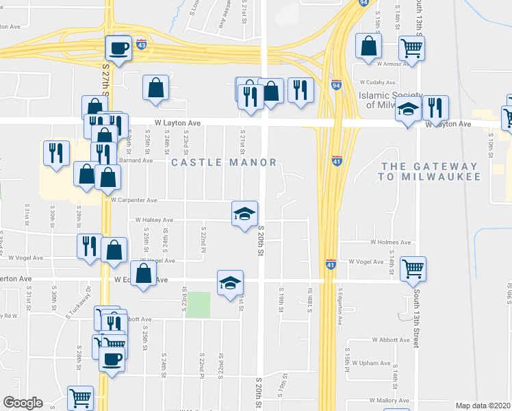 map of restaurants, bars, coffee shops, grocery stores, and more near 4901 South 20th Street in Milwaukee