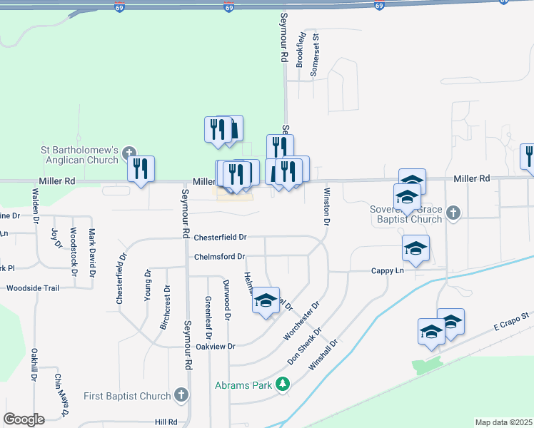 map of restaurants, bars, coffee shops, grocery stores, and more near 8524 Chesterfield Drive in Swartz Creek