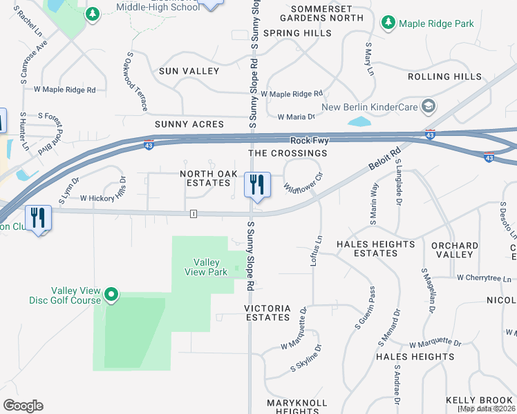 map of restaurants, bars, coffee shops, grocery stores, and more near 13976 Beloit Road in New Berlin
