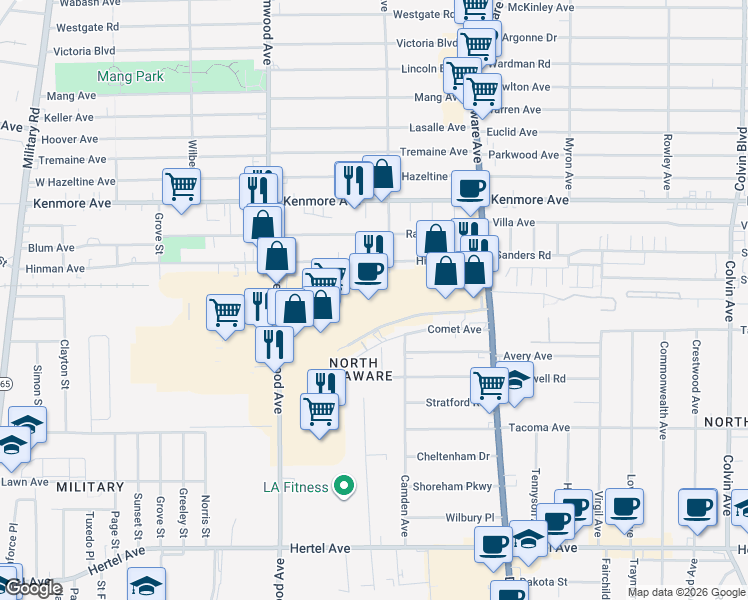 map of restaurants, bars, coffee shops, grocery stores, and more near 2626 Delaware Avenue in Buffalo