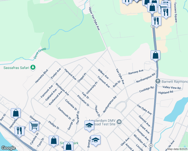 map of restaurants, bars, coffee shops, grocery stores, and more near 42 Tremont Avenue in Amsterdam