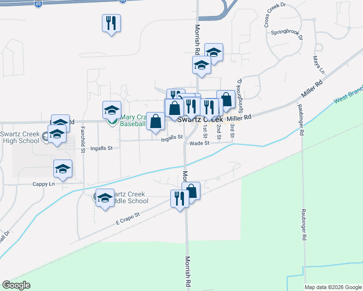 map of restaurants, bars, coffee shops, grocery stores, and more near 5058 Morrish Road in Swartz Creek
