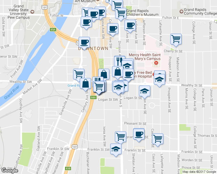 map of restaurants, bars, coffee shops, grocery stores, and more near 48 Wealthy Street Southwest in Grand Rapids
