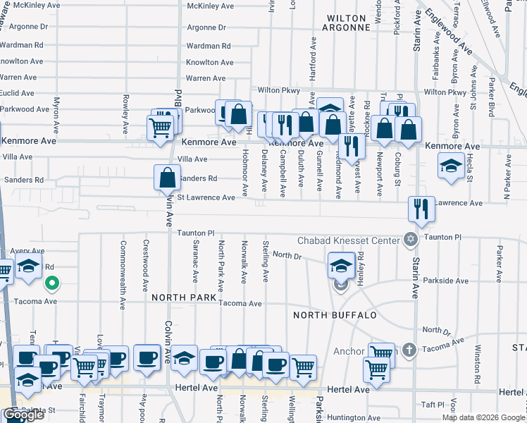 map of restaurants, bars, coffee shops, grocery stores, and more near 148 Rachel Vincent Way in Buffalo
