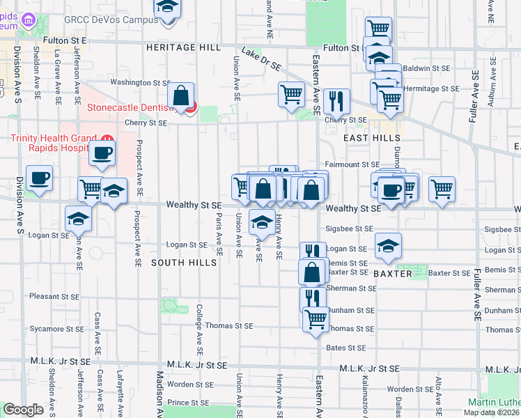 map of restaurants, bars, coffee shops, grocery stores, and more near 632 Wealthy Street Southeast in Grand Rapids