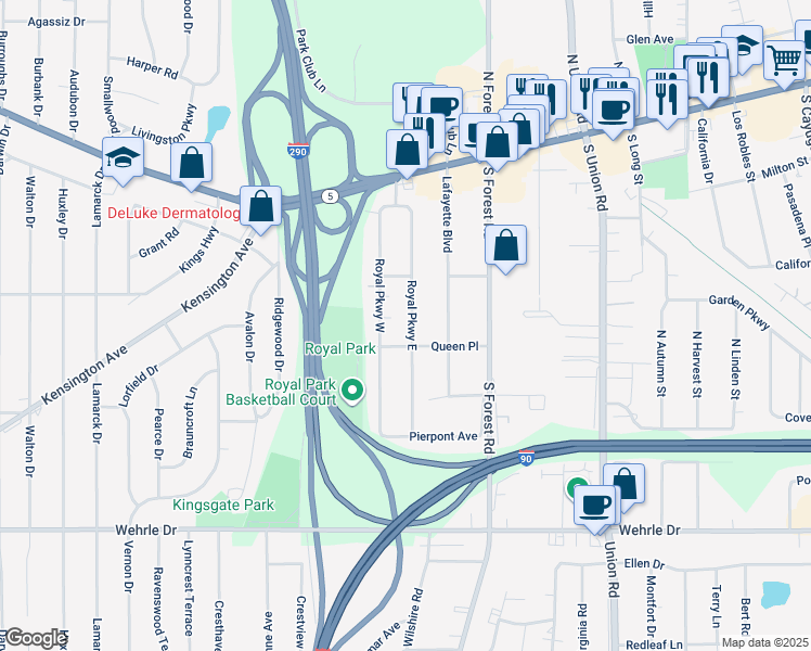 map of restaurants, bars, coffee shops, grocery stores, and more near 163 Royal Parkway East in Buffalo