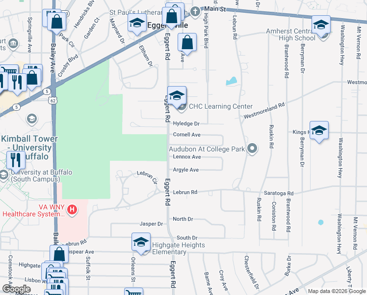 map of restaurants, bars, coffee shops, grocery stores, and more near 33 Layton Avenue in Buffalo