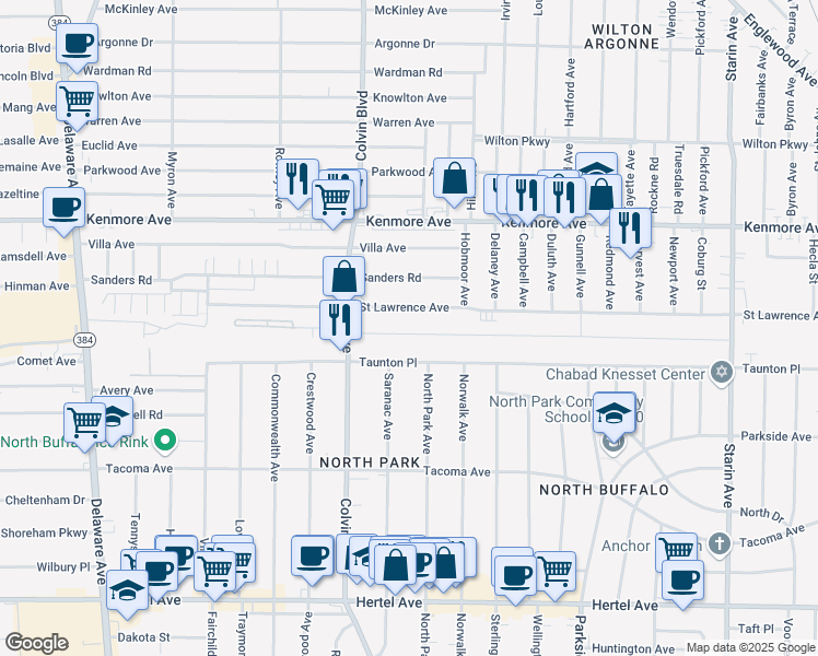 map of restaurants, bars, coffee shops, grocery stores, and more near 541 Colvin Avenue in Buffalo