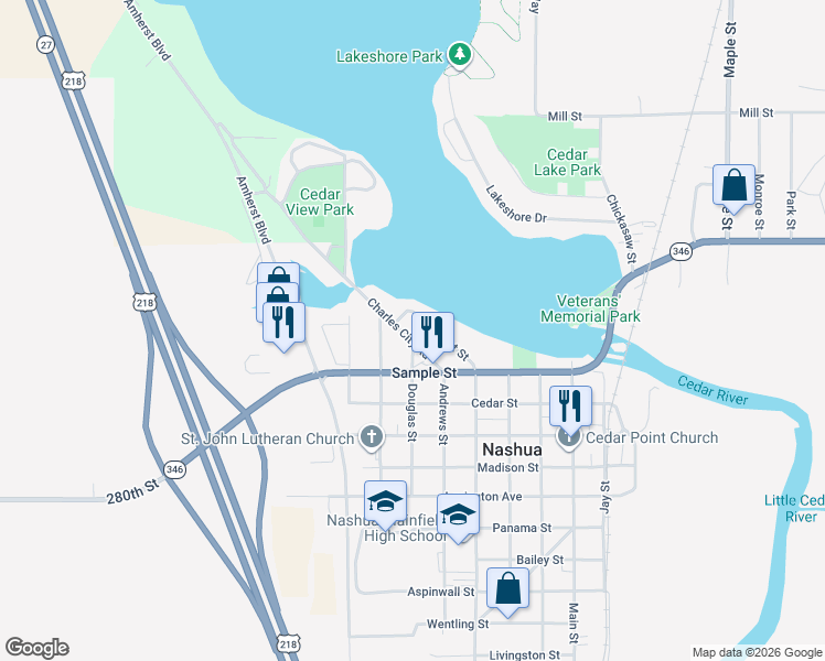 map of restaurants, bars, coffee shops, grocery stores, and more near 100 Charles City Road in Nashua