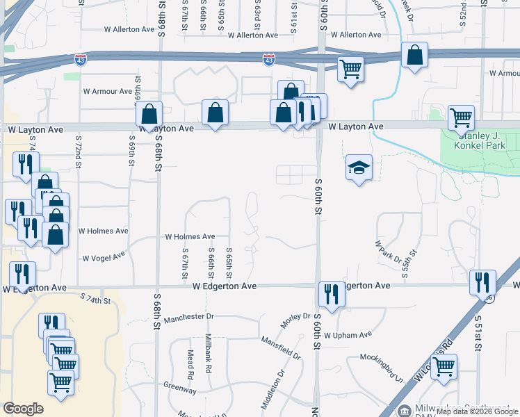 map of restaurants, bars, coffee shops, grocery stores, and more near 4924 South Imperial Circle in Greenfield