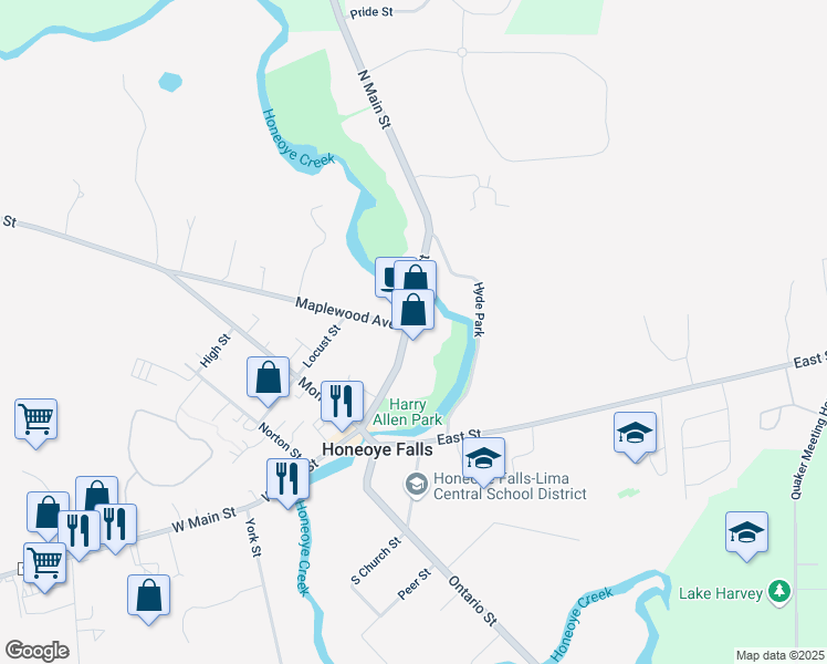 map of restaurants, bars, coffee shops, grocery stores, and more near 61 North Main Street in Honeoye Falls