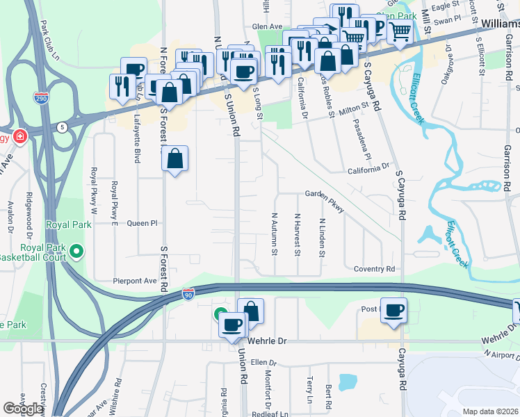 map of restaurants, bars, coffee shops, grocery stores, and more near 228 North Autumn Street in Buffalo