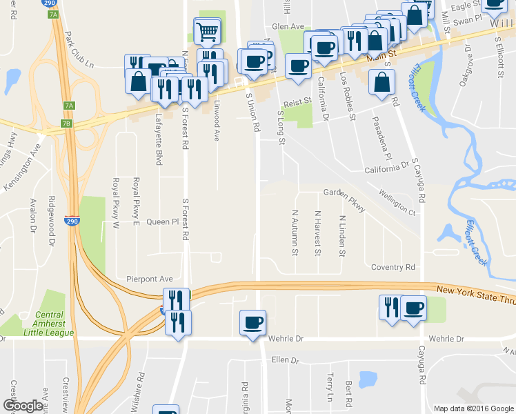 map of restaurants, bars, coffee shops, grocery stores, and more near 198 South Union Road in Erie County