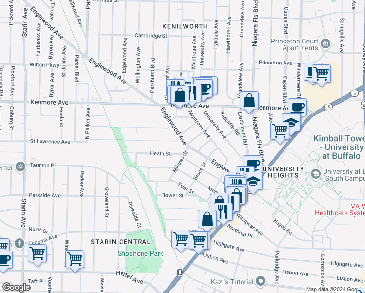 map of restaurants, bars, coffee shops, grocery stores, and more near 170 Englewood Avenue in Buffalo