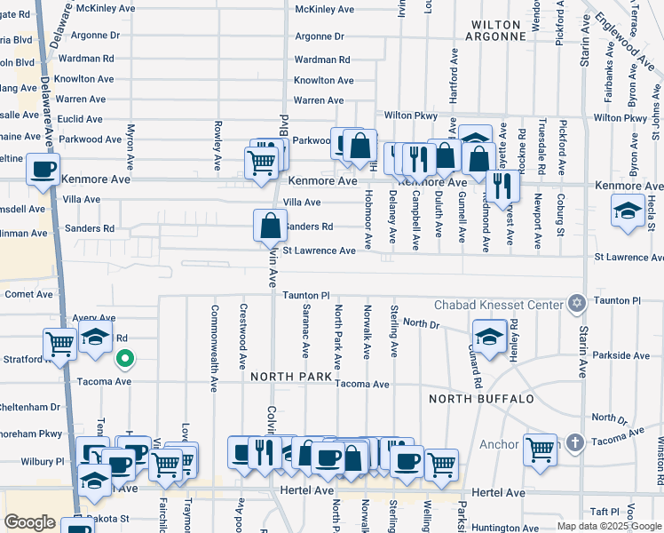 map of restaurants, bars, coffee shops, grocery stores, and more near 541 Colvin Avenue in Buffalo