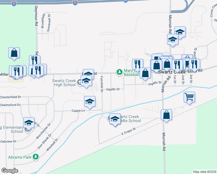 map of restaurants, bars, coffee shops, grocery stores, and more near 5048 Mclain Street in Swartz Creek