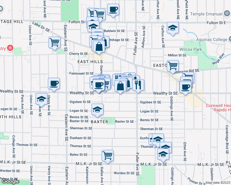 map of restaurants, bars, coffee shops, grocery stores, and more near 1048n Wealthy Street Southeast in Grand Rapids