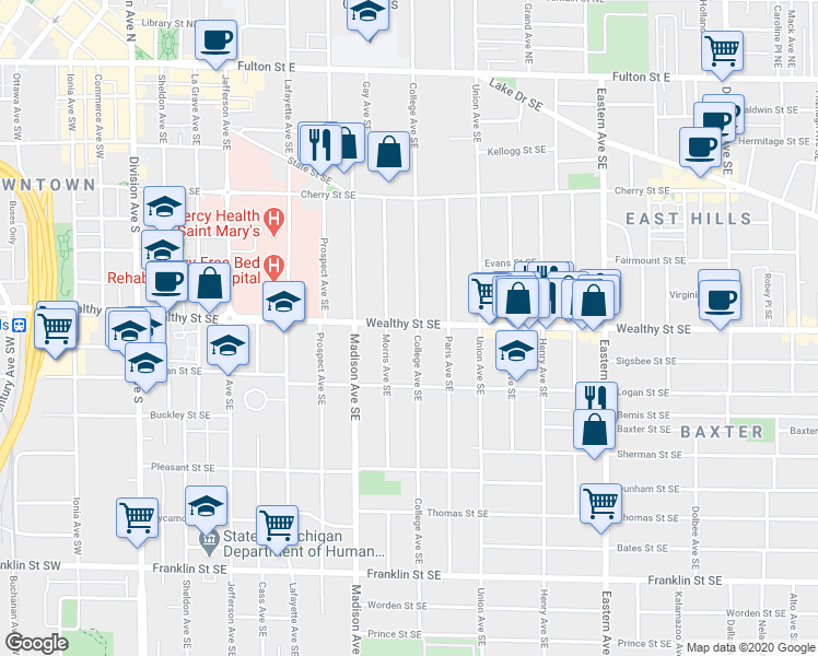 map of restaurants, bars, coffee shops, grocery stores, and more near 404 Morris Avenue Southeast in Grand Rapids