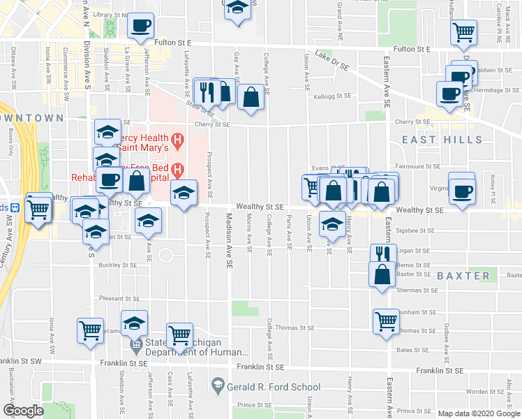 map of restaurants, bars, coffee shops, grocery stores, and more near 404 Morris Avenue Southeast in Grand Rapids