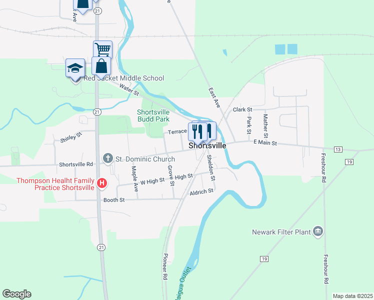 map of restaurants, bars, coffee shops, grocery stores, and more near 34 West Main Street in Shortsville