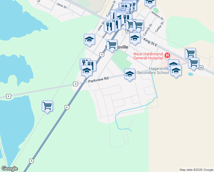 map of restaurants, bars, coffee shops, grocery stores, and more near 9 Oak Crescent in Hagersville