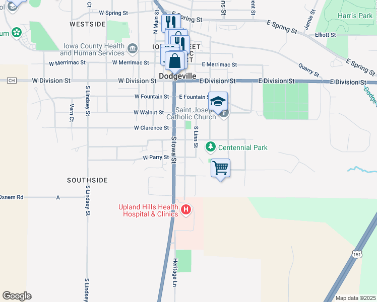 map of restaurants, bars, coffee shops, grocery stores, and more near 206 East Parry Street in Dodgeville