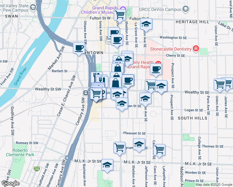 map of restaurants, bars, coffee shops, grocery stores, and more near 415 Division Avenue South in Grand Rapids
