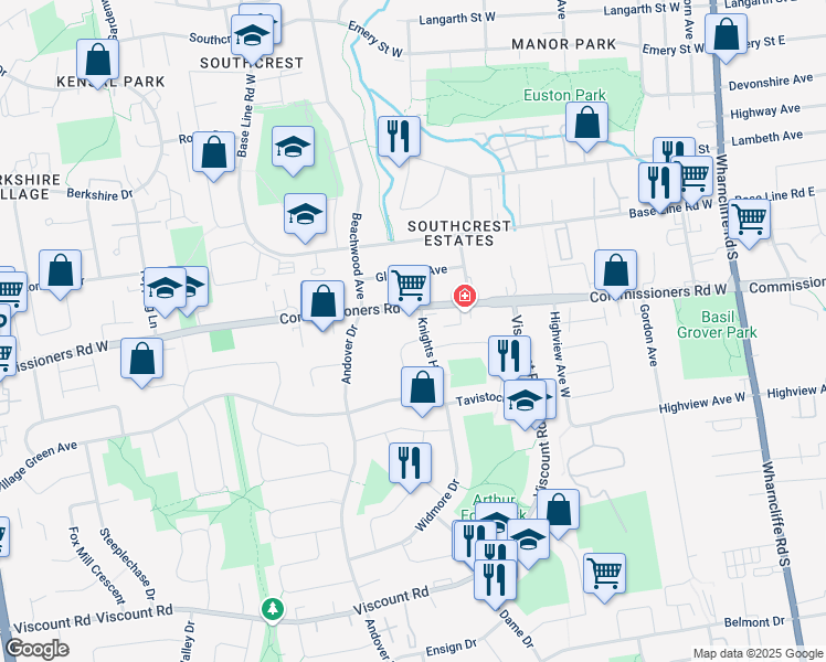 map of restaurants, bars, coffee shops, grocery stores, and more near 551 Knights Hill Road in London