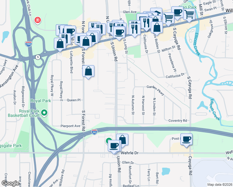 map of restaurants, bars, coffee shops, grocery stores, and more near 202 South Union Road in Buffalo