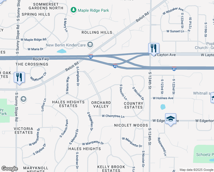 map of restaurants, bars, coffee shops, grocery stores, and more near 12900 West Radisson Drive in New Berlin