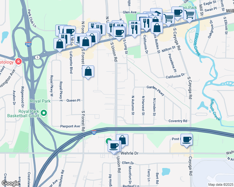 map of restaurants, bars, coffee shops, grocery stores, and more near 198 South Union Road in Erie County
